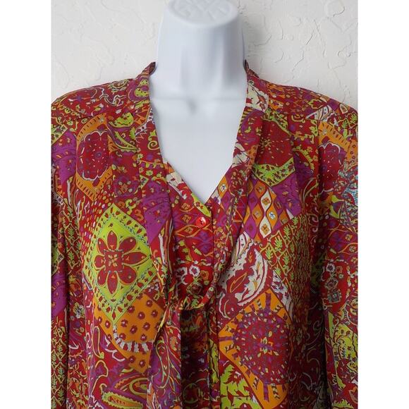 Investments Women 8 Satin Blouse V-Neck Button Up Colorful Boho Floral Bow Tie - Picture 4 of 7